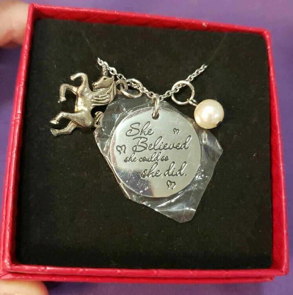 "She Believed She Could So She Did" Necklace Unicorn Faux Pearl Silver Tone, NEW